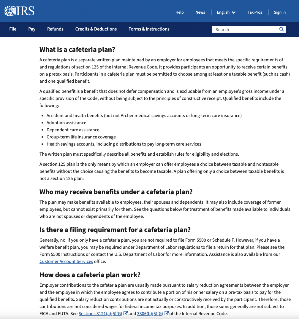 IRS Section 125 Cafeteria Plan Information